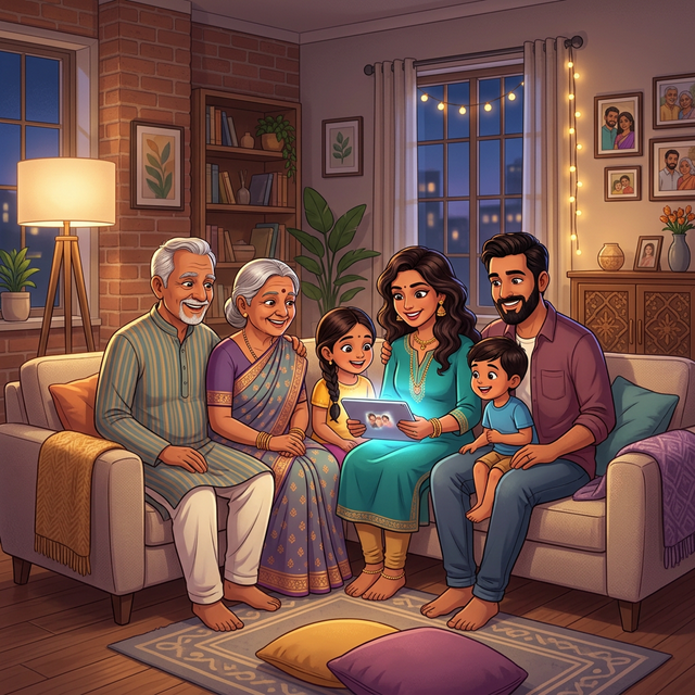 A modern Indian family sitting together and smiling while looking at a secure digital photo album
