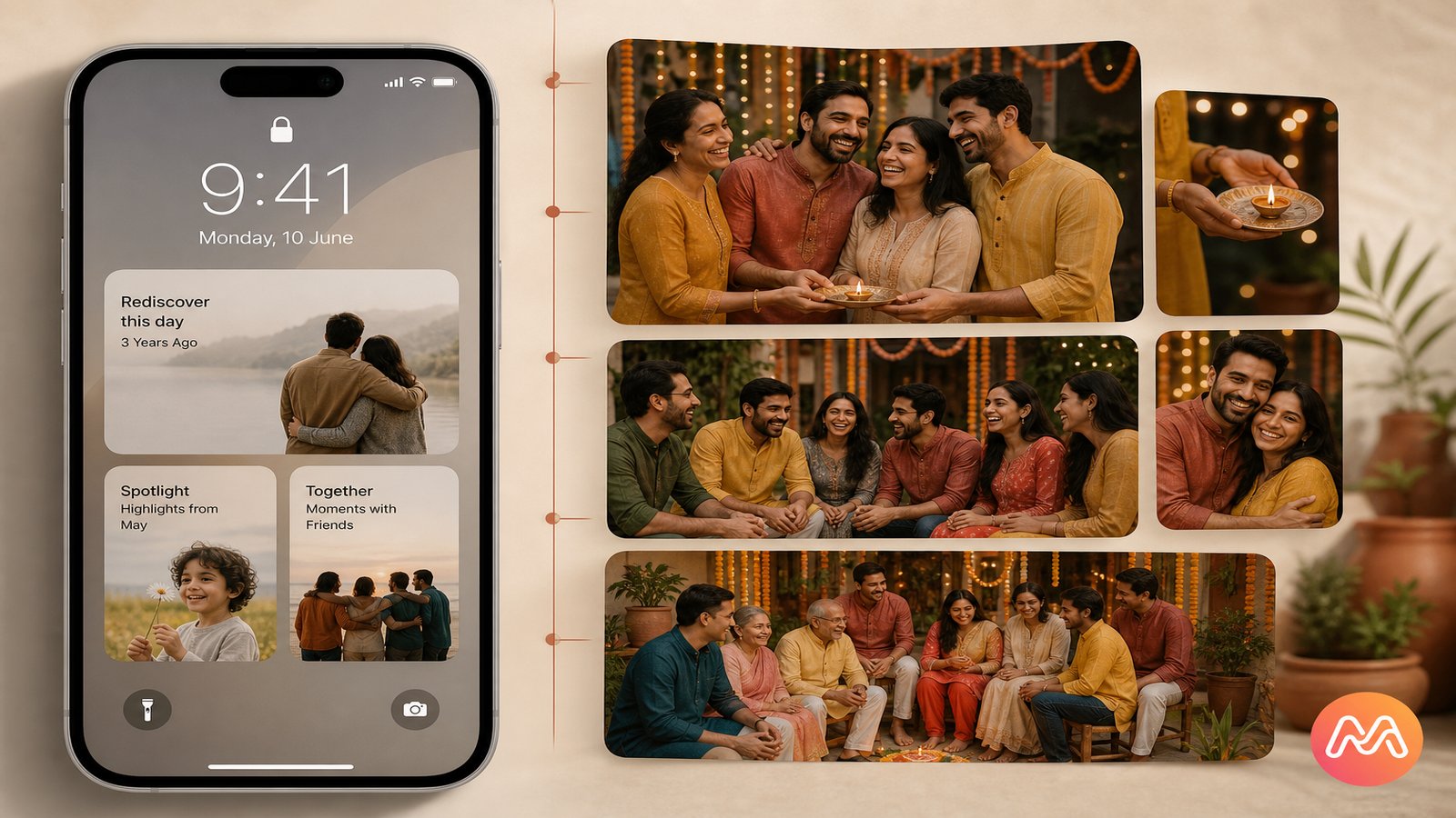 Memoria vs Apple Intelligence hero showing iPhone memories and a family Circle
