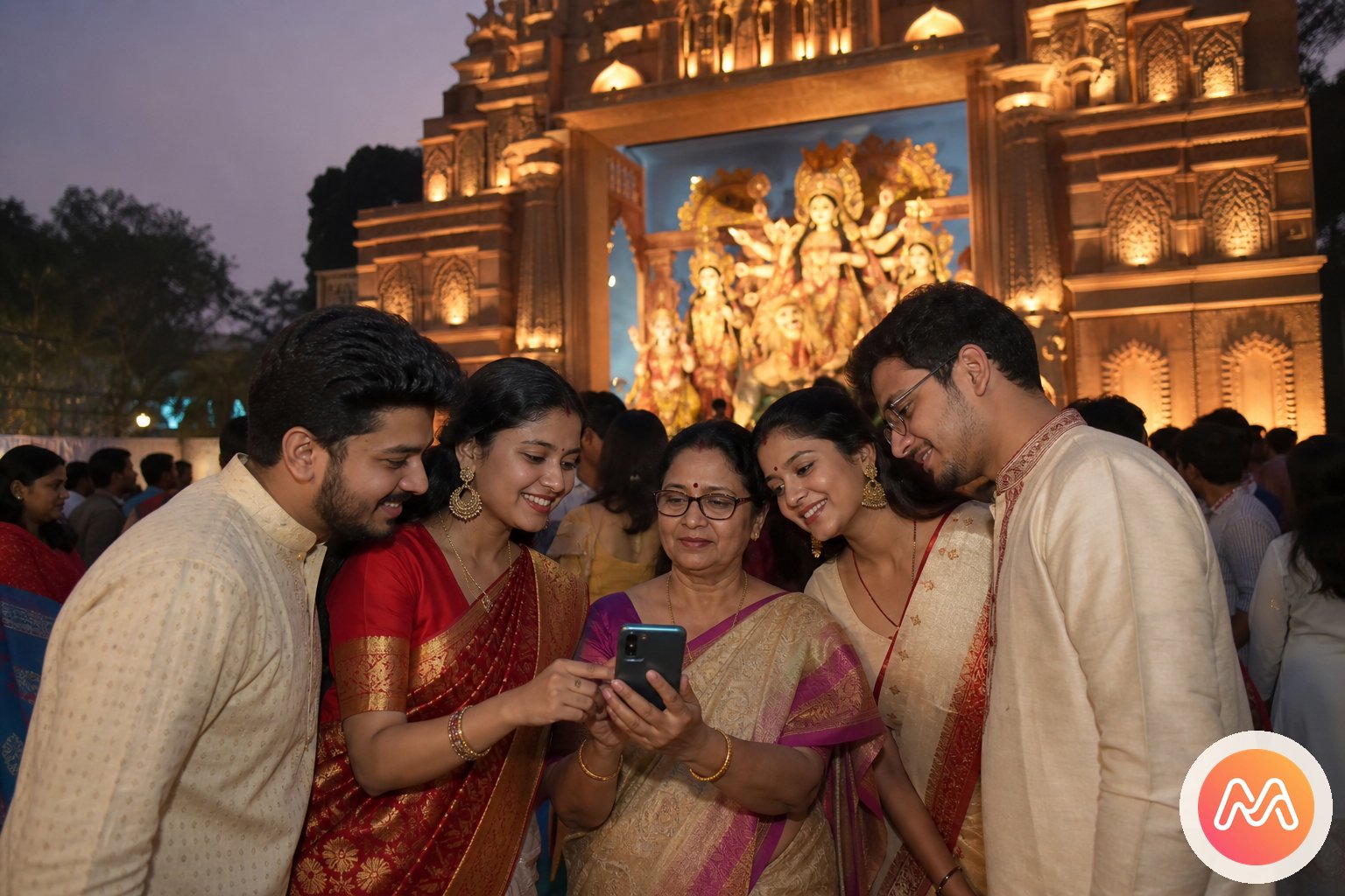 Durga Puja photo sharing showing family and friends before a Kolkata pandal