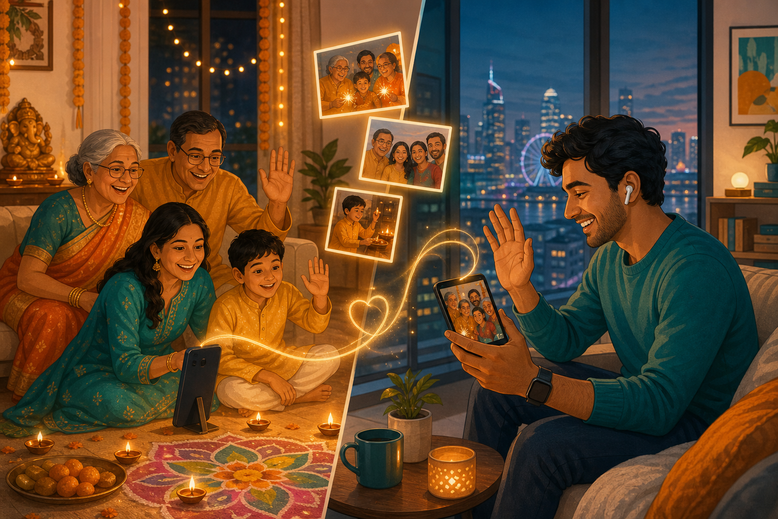 NRI family photo sharing between relatives abroad and grandparents in India on Memoria